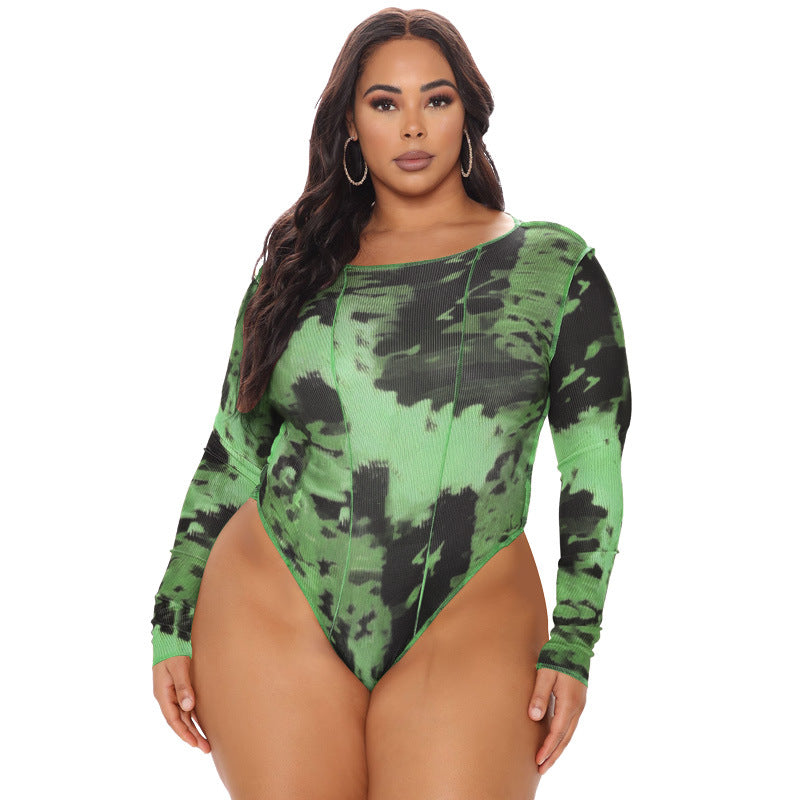 Women's Spring Round Neck Print Long Sleeves Tight Breasted Plus Size Jumpsuit
