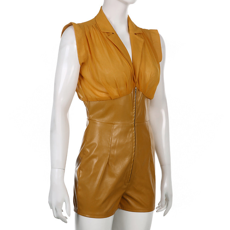 PU Leather Stitching Plastic Waist Lapel Shirt Jumpsuit Women's Shorts