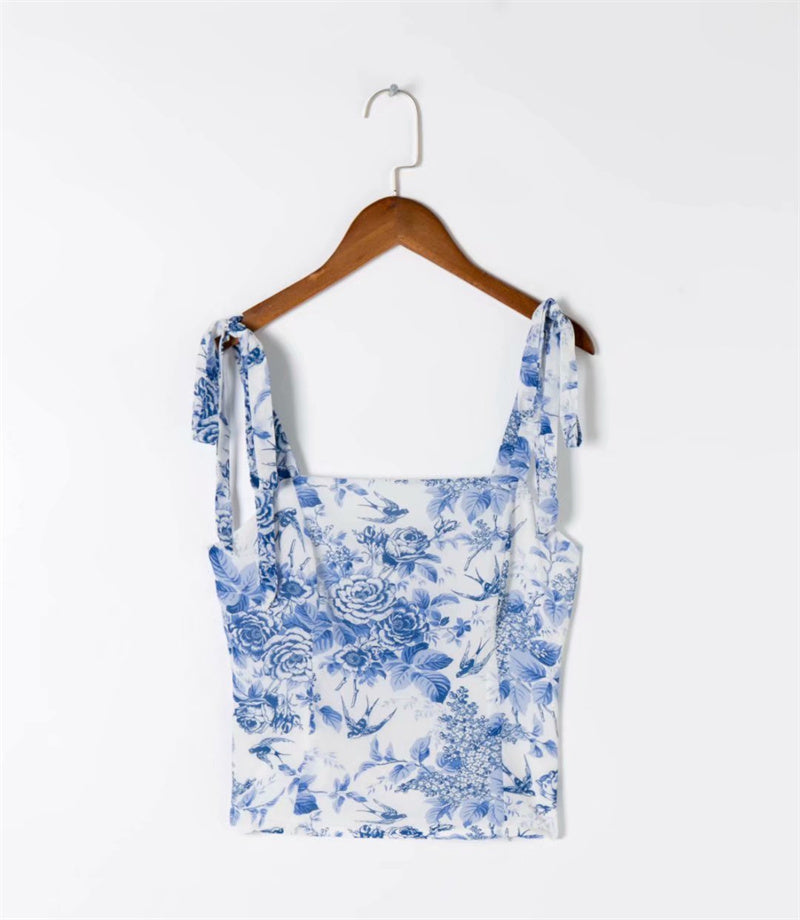New INS Flower Print Tie Bow Slim Top