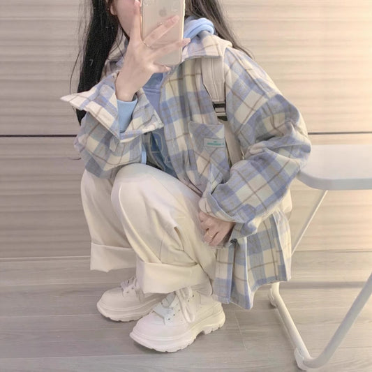 Female College Style Lazy Brushed Plaid Shirt
