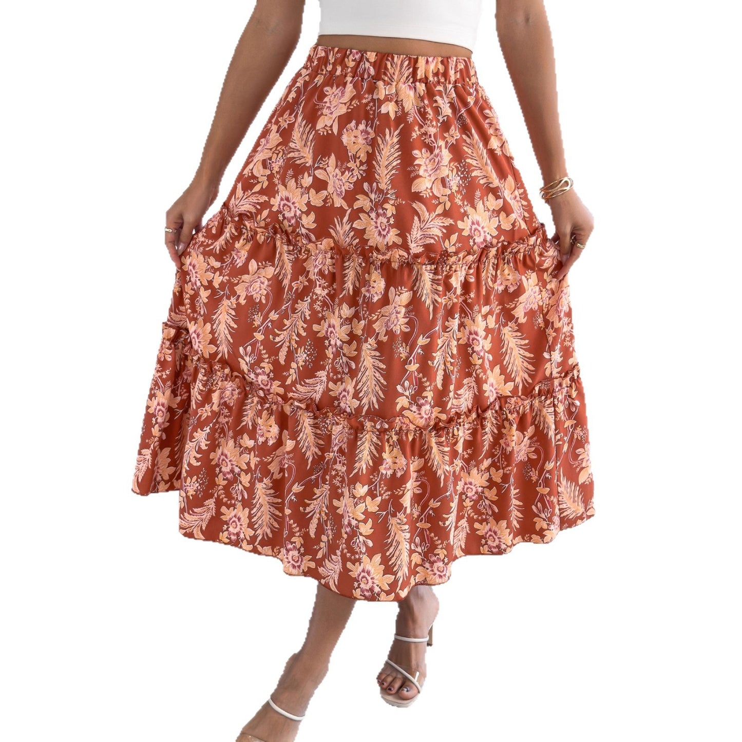 Ladies' Fashion Casual Floral Mid-length Skirt