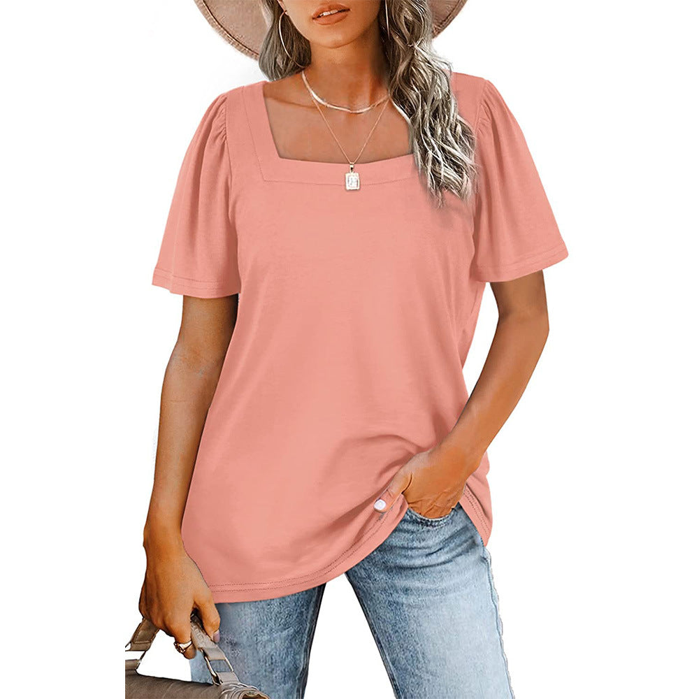 Gathered Striped Square Neck Short Sleeve T-Shirt Women