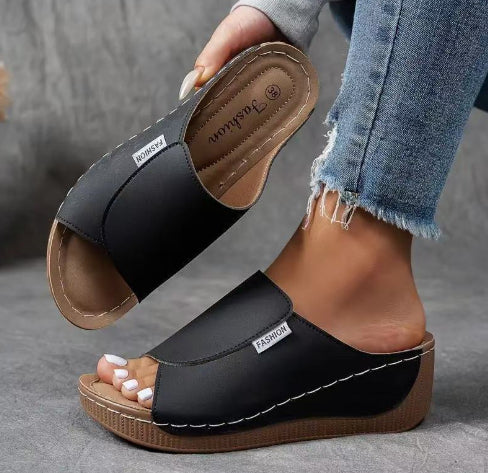 Simple Stylish Peep Toe Wedge Slippers
