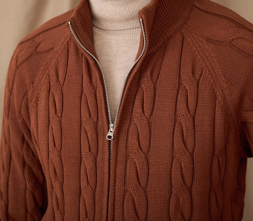 Pure Cotton Knitted British Thickened Heavy Weight Twisted Double Zipper Cardigan