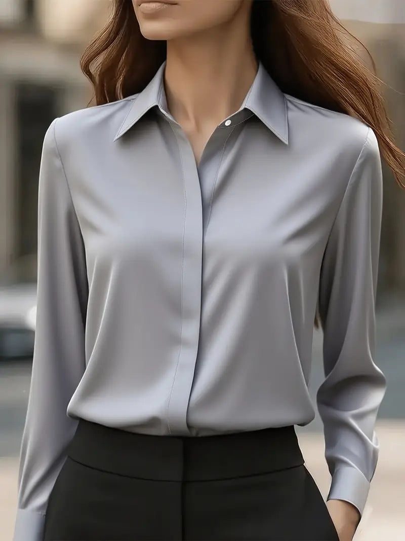 Solid Color Long Sleeve Lapel Satin Blouse