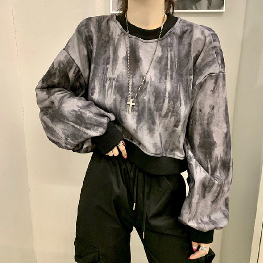 Women's Autumn Short Sweater Harajuku Style Tie Dye Long Sleeve Loose