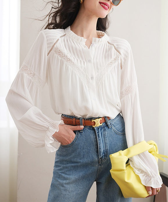 Patchwork French Design Style White Shirt