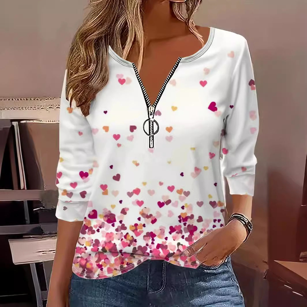 Digitaltrykt T-shirt med rund hals og lynlås