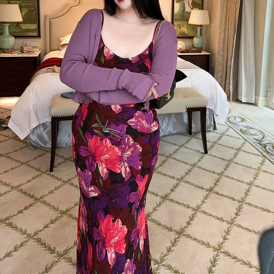 French Lazy Vintage Purple Large Flower Suspended Dress