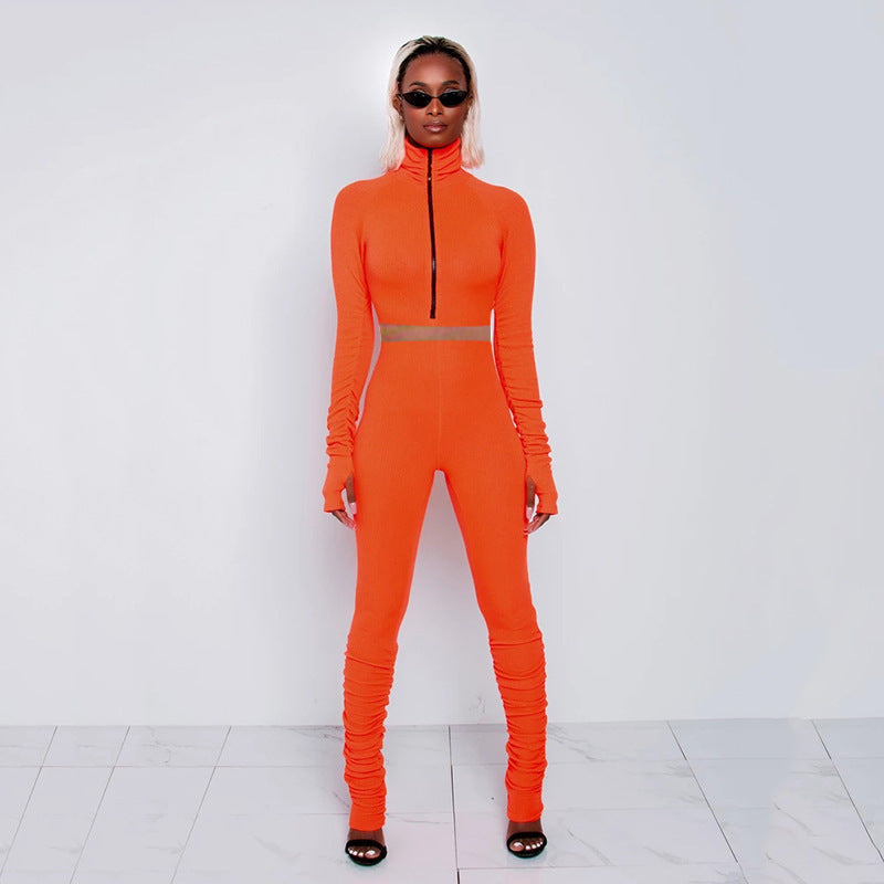 Fashion Casual Women's Pit Strip Pleated High-neck Two-piece Suit