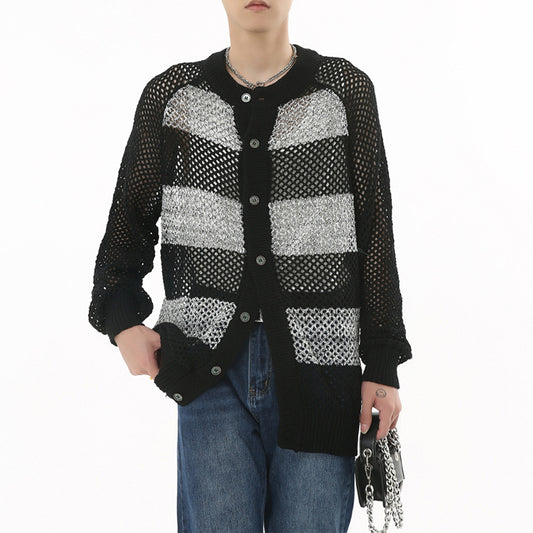 Autumn New Korean Style Contrast Color Striped Hollow Knitted Sweater Coat Ins