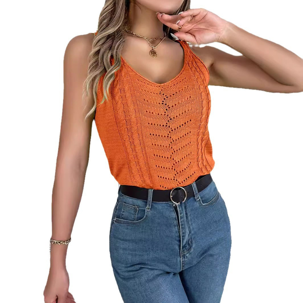 European And American Leisure Solid Color And V-neck Hollow Top Holiday Sweater