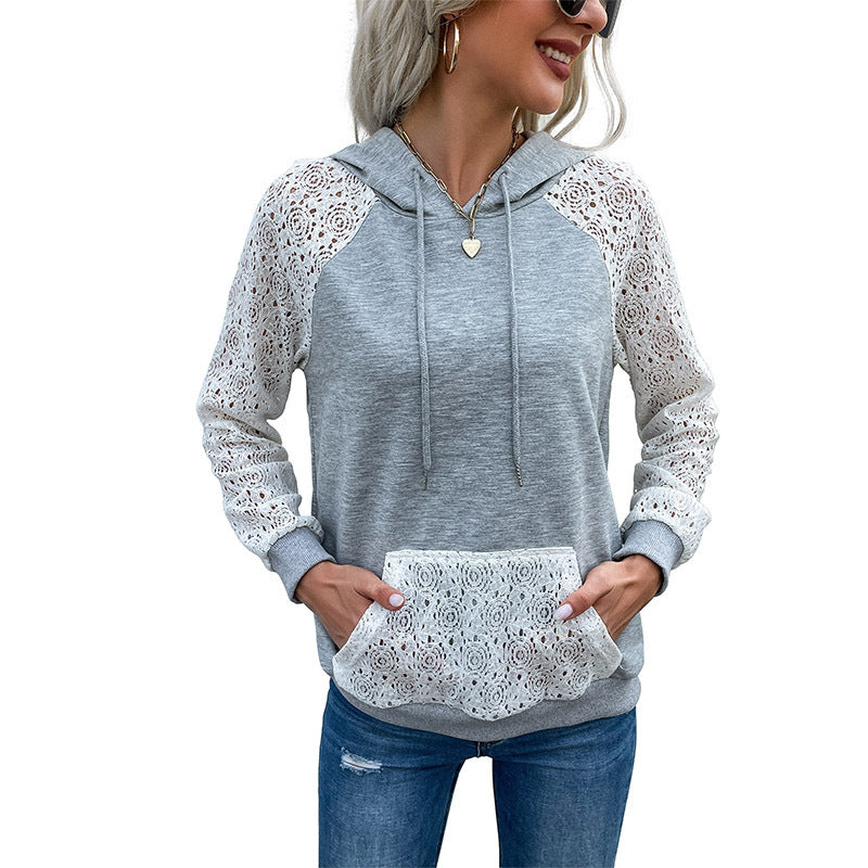 Women's Pullover Hooded Lace Panel Sweatshirt