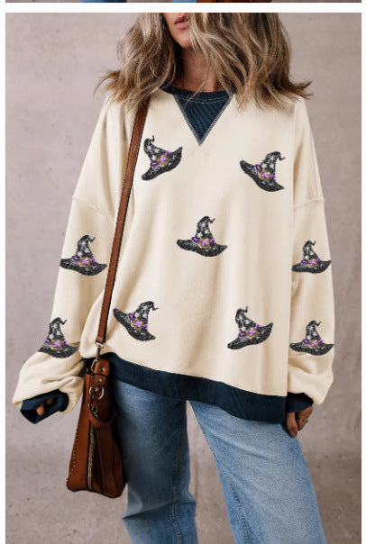 Hat Printed Sports Long Sleeve Pullover Loose Round Neck Sweater