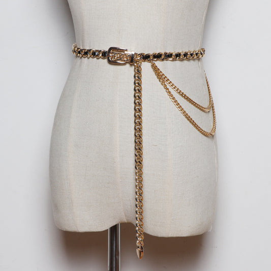 Women's Fine Decorative Jeans With Metal Braided Waist Chain