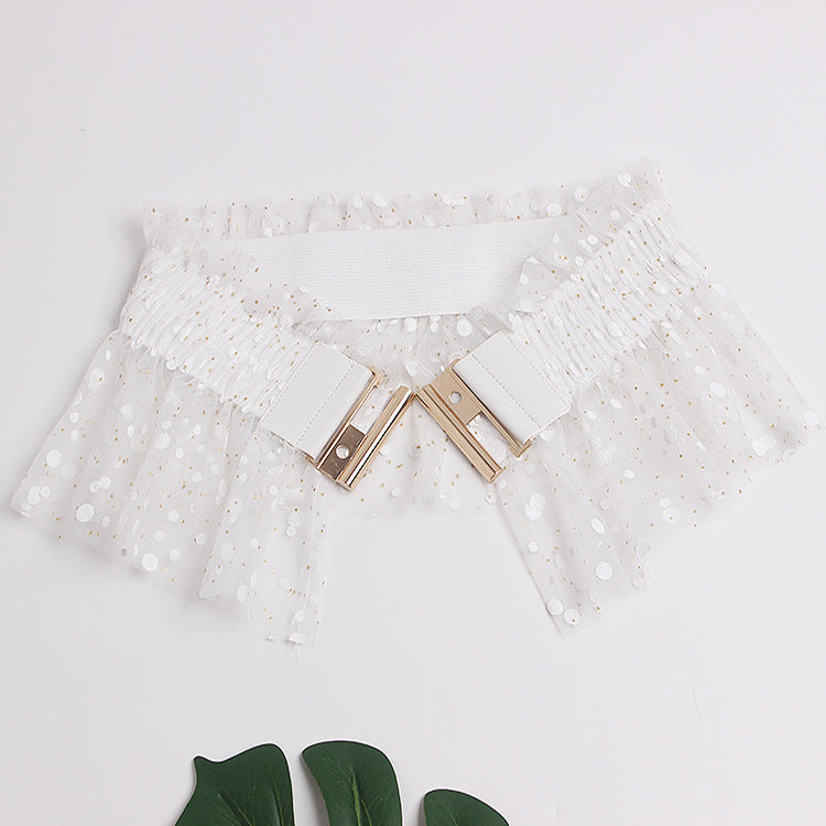 Glitter Polka Dot Mesh Pleated Elastic Waist Metal Double Buckle Wide Belt Girdle