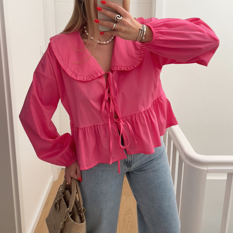 Cross Border Stringy Selvedge Lace-up Doll Collar Shirt Lantern Sleeve Sweet All-matching Top