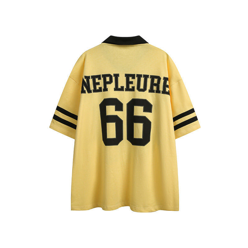 Preppy Style Stitching Contrast Color Short Sleeve Polo Shirt American Retro Jersey
