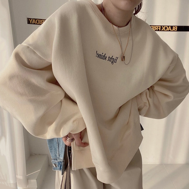 Women's Round Neck Letter Patch Denim Sweatshirt