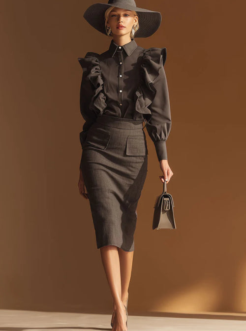 Urban Chic Grey Ruffled Blouse And Skirt Set