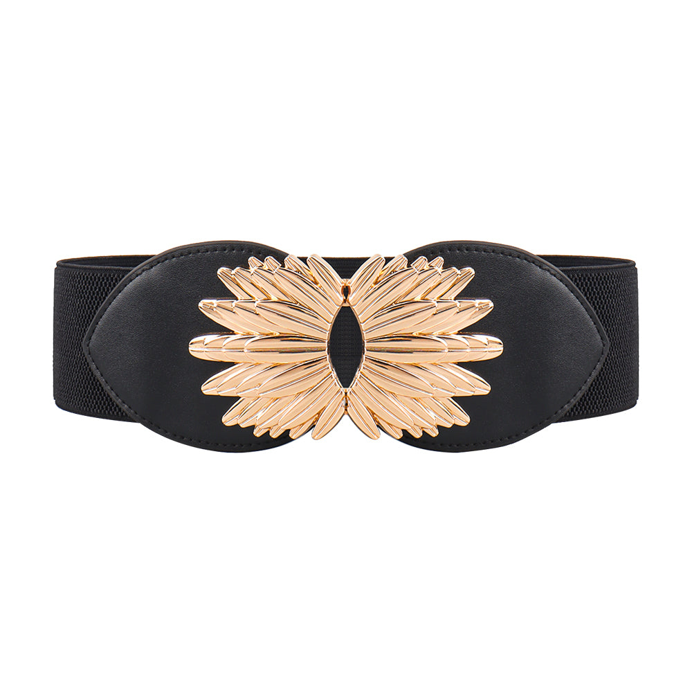 New Autumn Winter Black Elastic Waistband Sunflower Alloy Buckle Waist Cover All Match Slim Elegant Design Decorative Coat