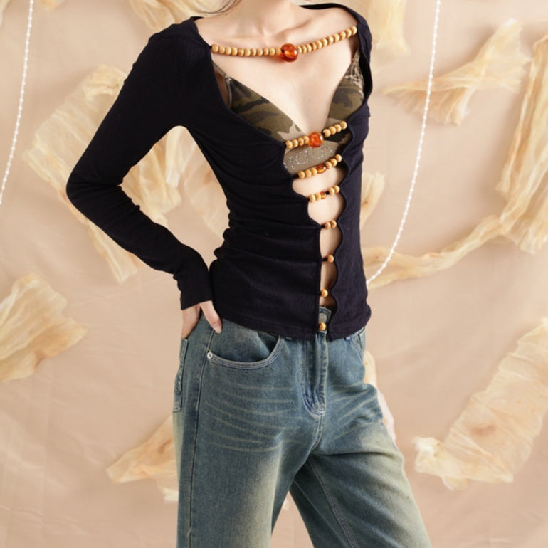 Zen Wooden Bead Deconstruction Slim-fitting Simple Top