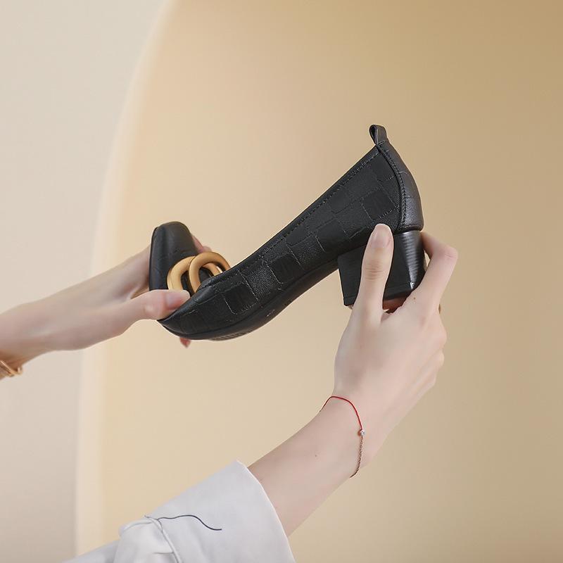 Franske firkantede damesko Arbejdssko Temperament Fe-stil Pumps Chunky hæl