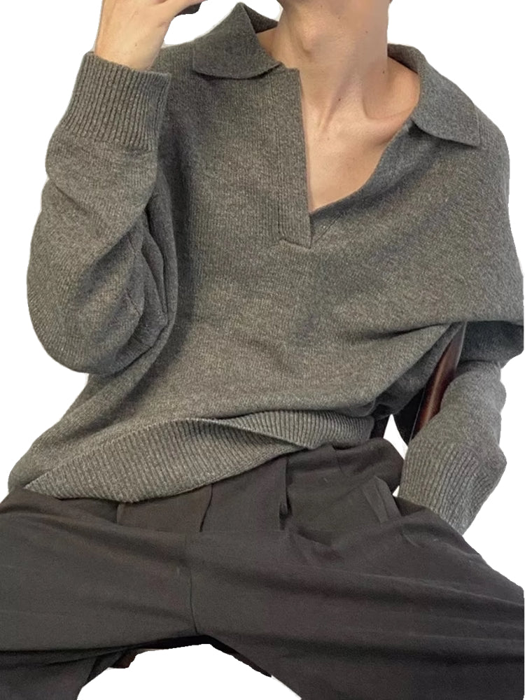 American Retro V-neck Solid Color Sweater