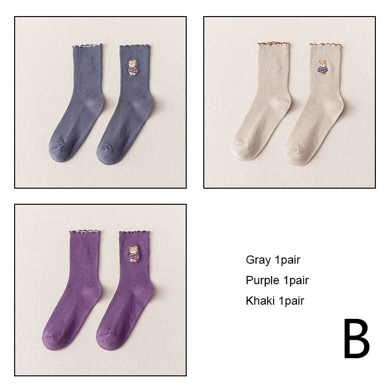 Women's Bear Embroidered Fungus Lace Mid Tube Socks