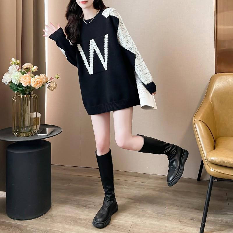 Contrast Color Letter Jacquard Crew Neck Pullover Sweater Women