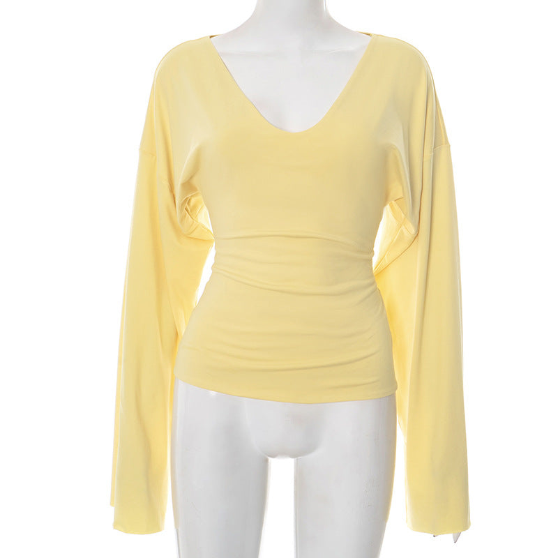 Summer And Autumn New Solid Color And V-neck Flared Long Sleeve Slim Fit