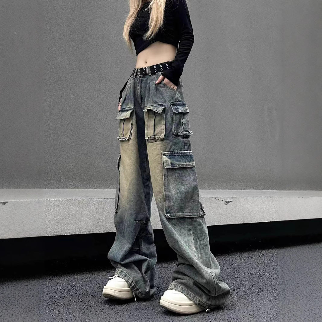 Multi-pocket Loose Multi-pocket Washed Distressed Pants