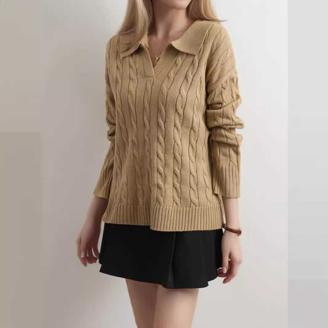 Autumn And Winter European And American Twisted Long Sleeve Lapel Twist V-neck Knitted Pullover