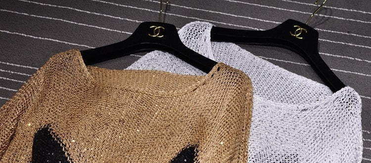 Sequined Pullover Loose Cape Batwing Shirt Hollow Round Neck Sweater