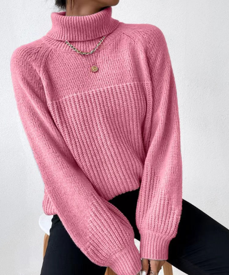 Simple Lapel Raglan Sleeves Pullover Knitted Sweater Women