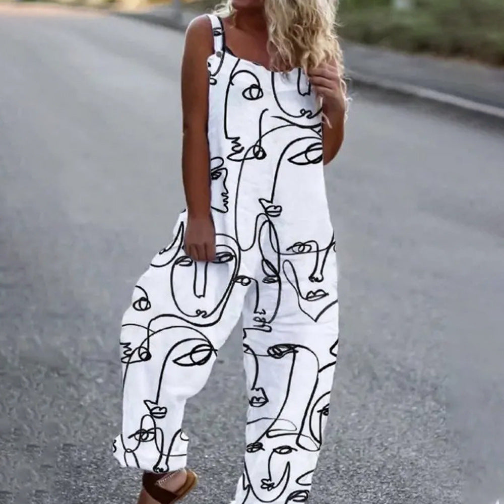 Women's Printed Sleeveless Sling Loose Casual Jumpsuit