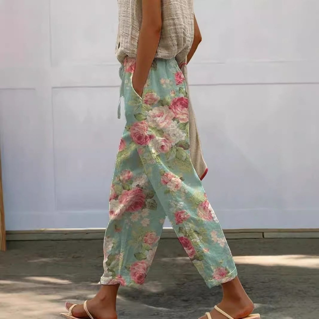 Digital Flower Printing Rag-eared Casual Pants