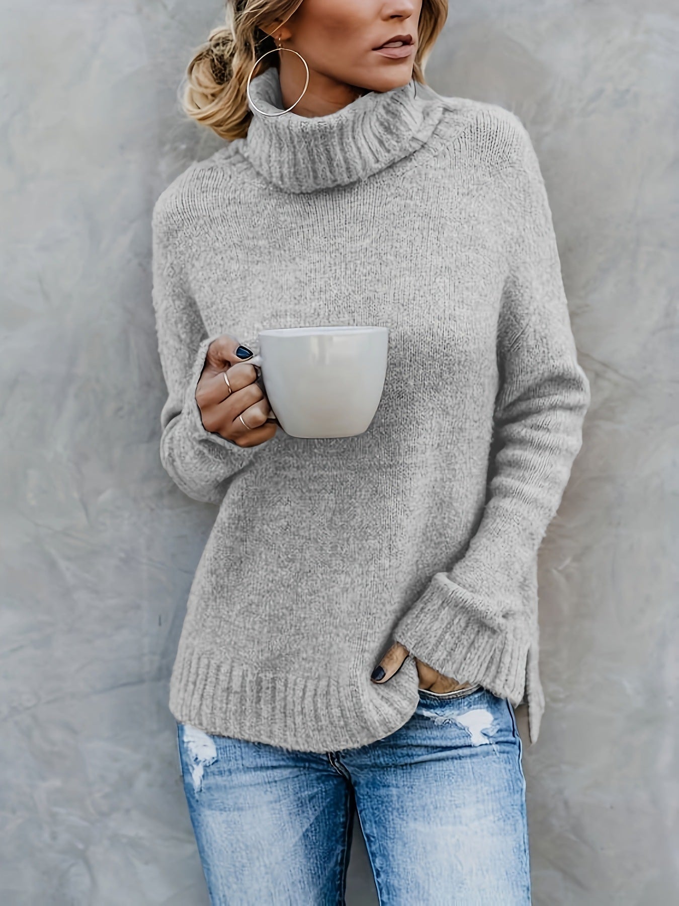 Europæisk og amerikansk langærmet rullekrave-sweater til kvinder i ensfarvet
