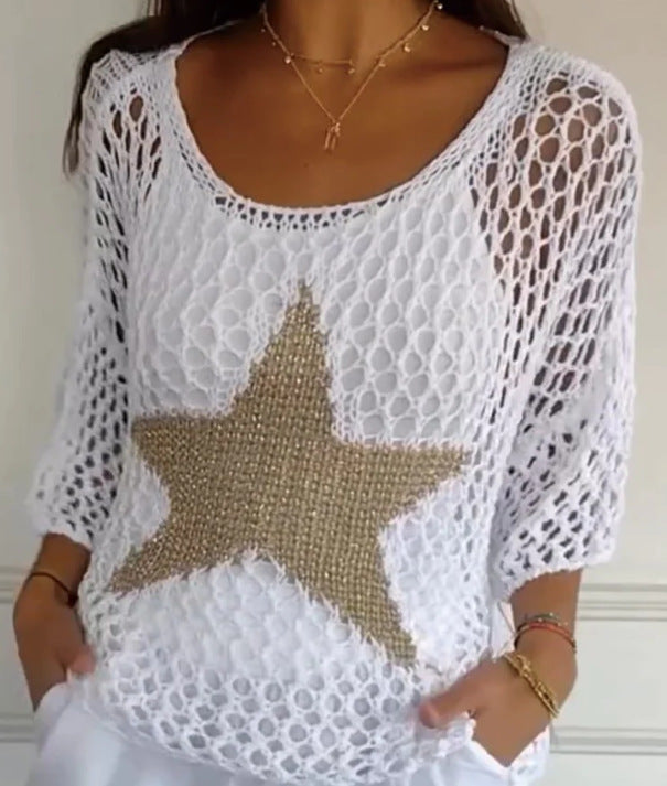 Five-Star Round Neck Sweater Women's Three-quarter Sleeve Top