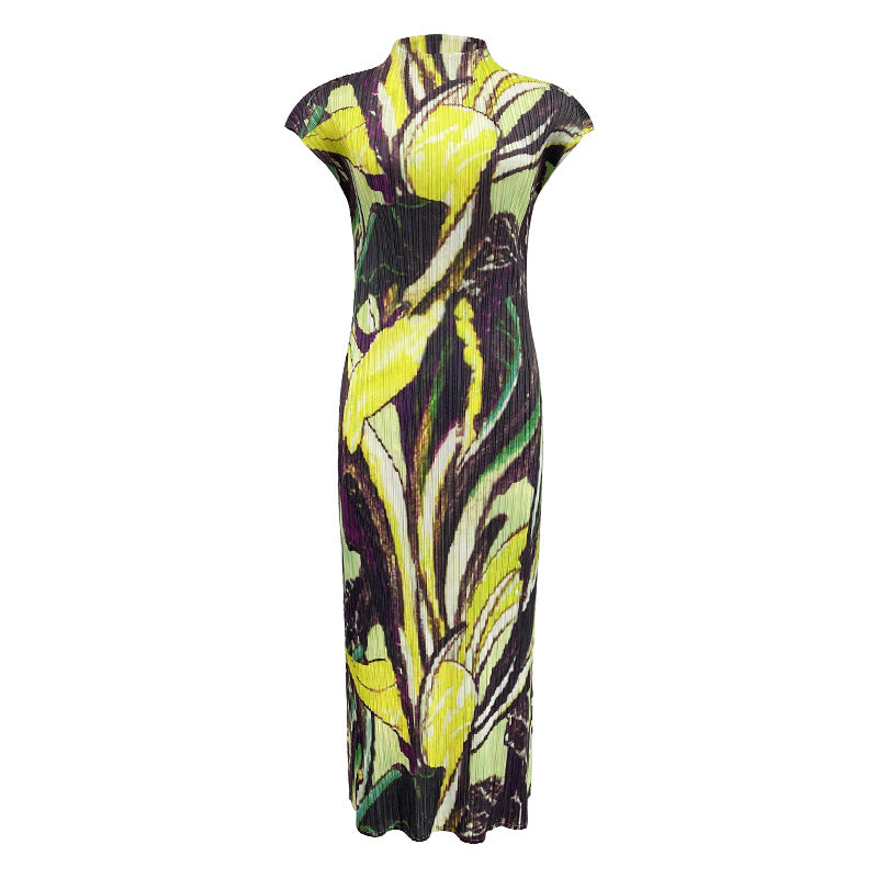 Flounced Sleeve Printed Pleated Dress