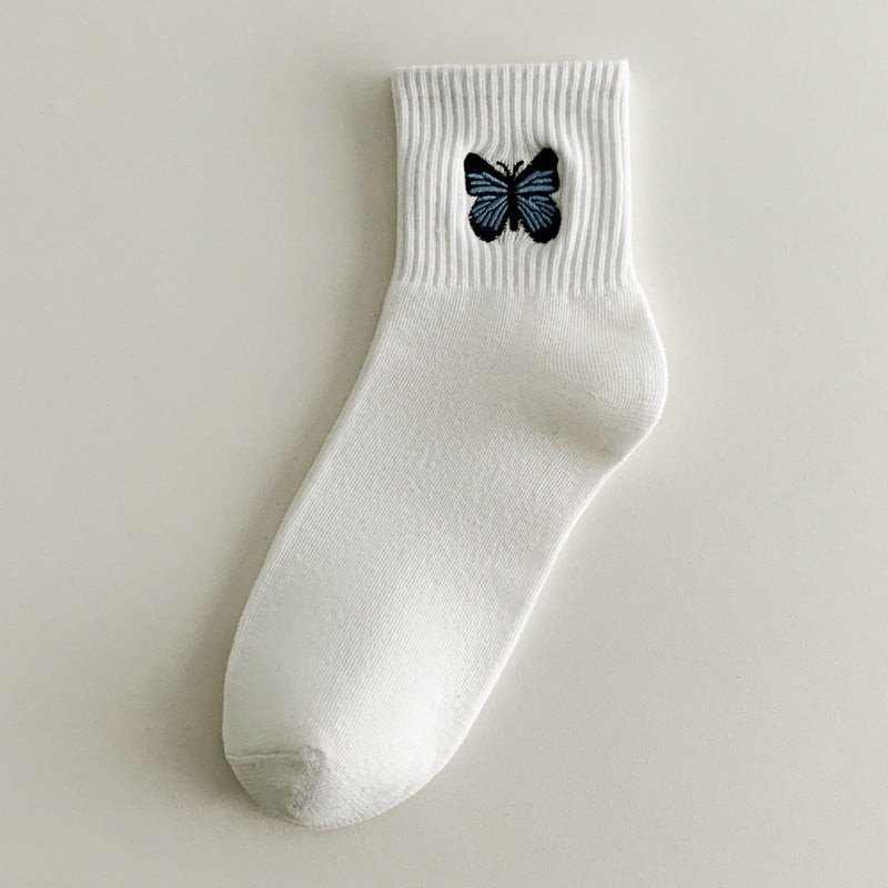 Women's Fashion Solid Color Butterfly Embroidered Mid-calf Socks