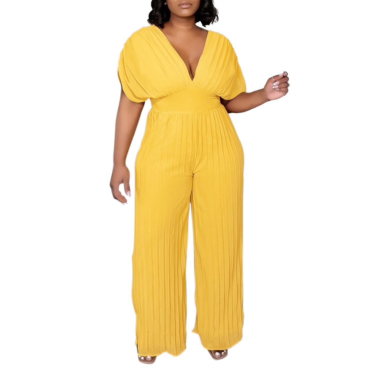 Jumpsuit til kvinder med V-udskæring og plisseringer i ensfarvet design