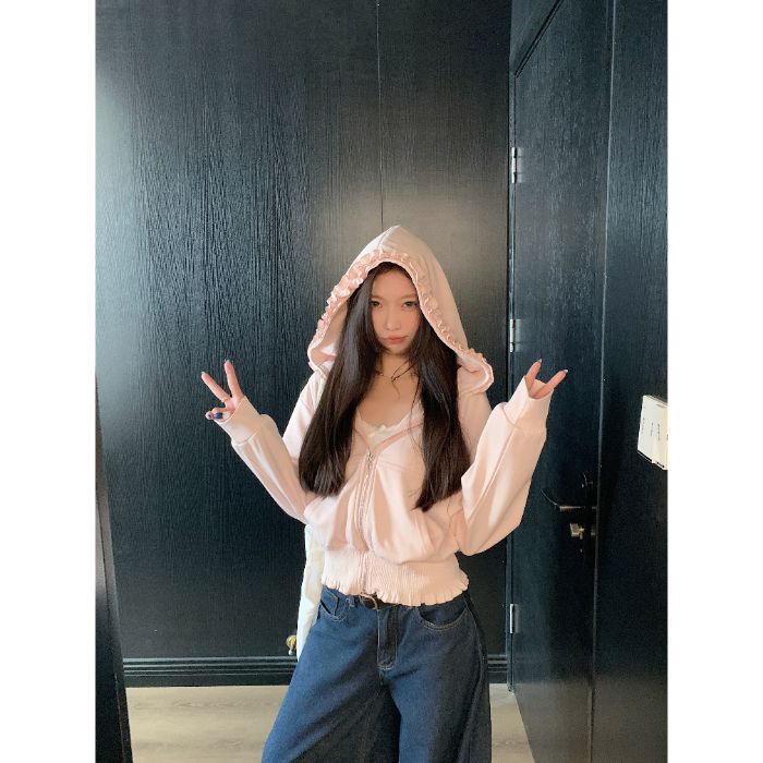 Gray Hooded Sweatshirt With Wood Ear Lace Jacket For Women