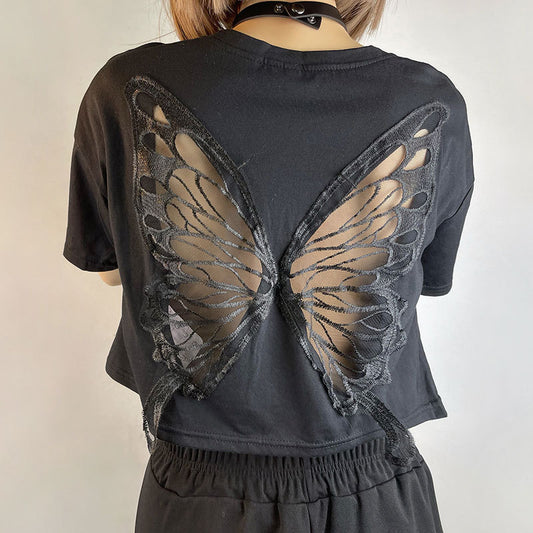 Black Lace Butterfly Exposed Navel Short T-shirt