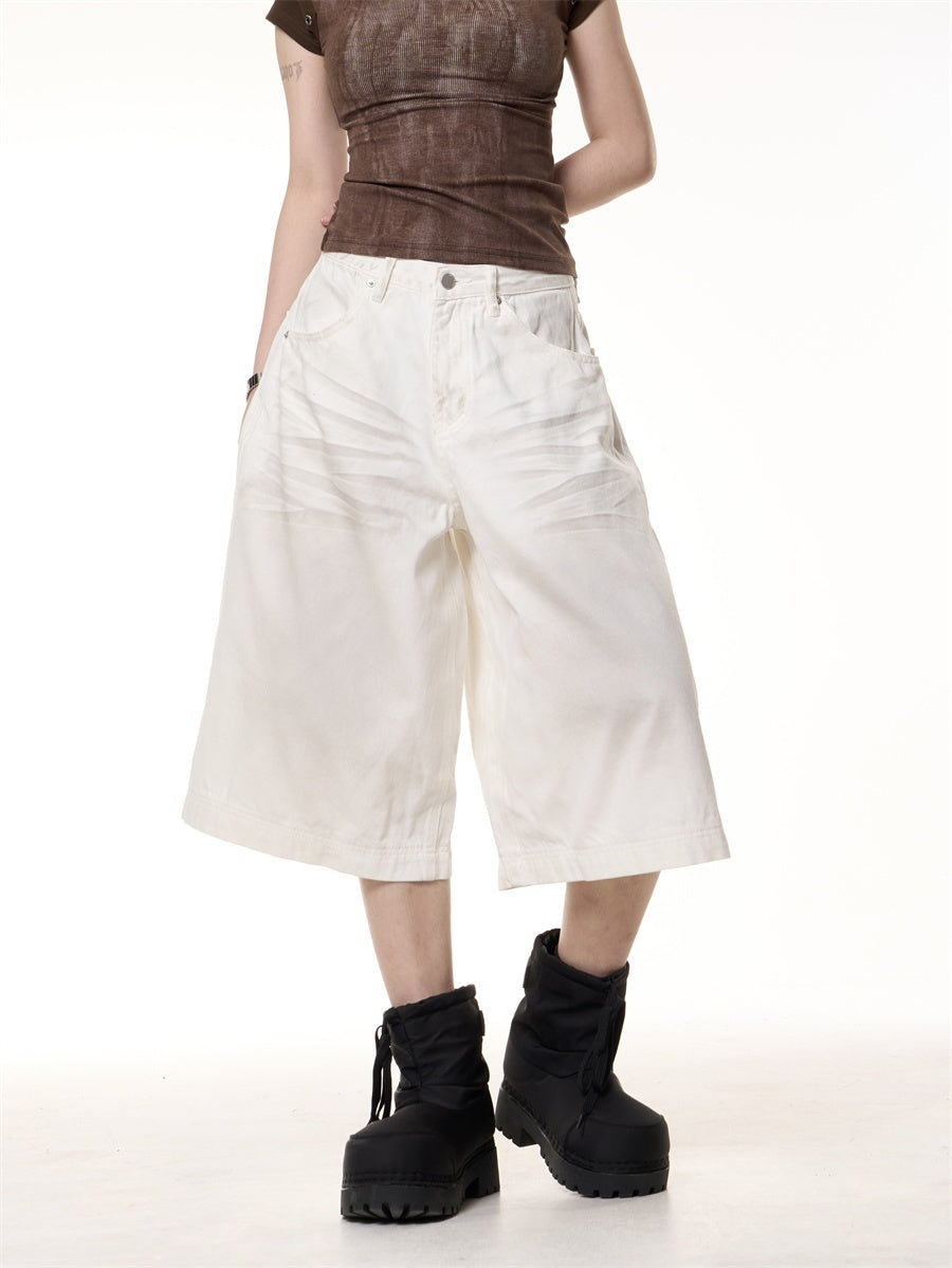 Retro Distressed Cropped Jeans Straight Loose-fitting Wide-leg Short Jumpsuit