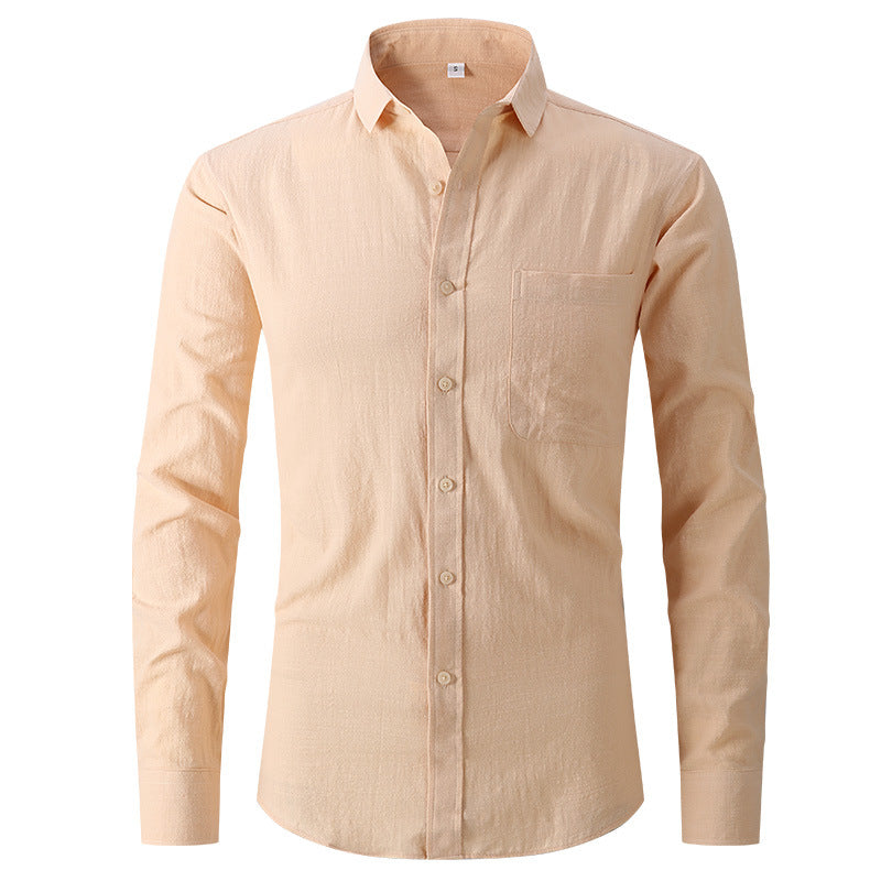 Men's Cotton And Linen  Solid Color Long Sleeved Business Slim Fitting Dress