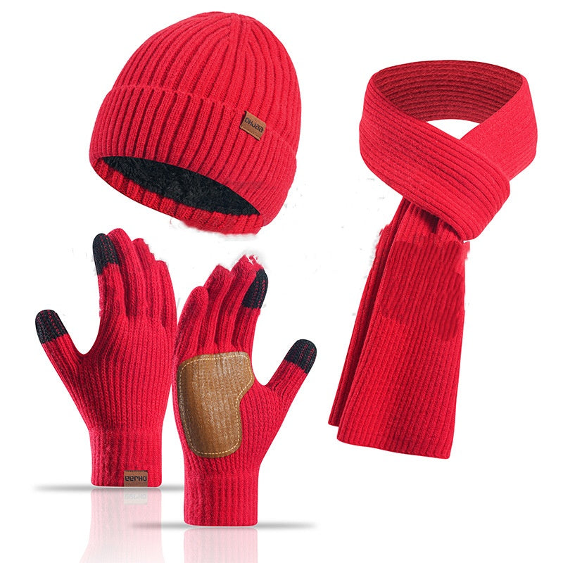 Winter Women's Wool Hat Scarf Gloves Plus Leather Non-slip Three-piece Set