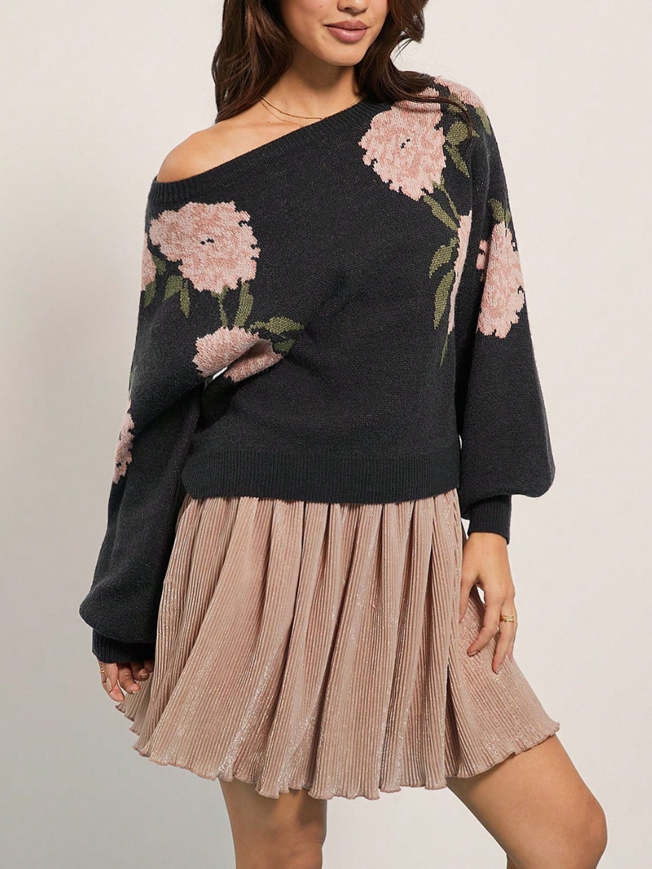 Dame Casual Løs Off Shoulder Blomstret Jacquard Pullover Striktrøje
