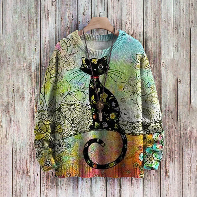 Abstract Style Digital Printing Drop-shoulder Long-sleeve Women's Sweater Casual All-matching