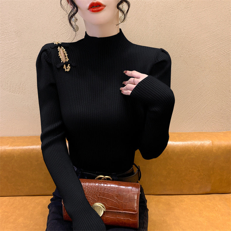 Women's Autumn And Winter National Style Puff Sleeve Half Turtleneck Slim-fit Underwear Sweater